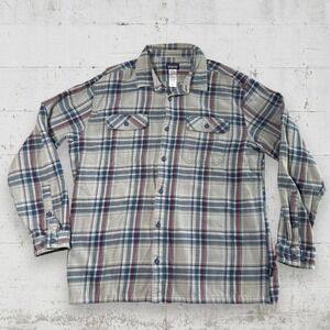 Patagonia Fjord Flannel Shirt Men's XL Gray Blue Red Organic Cotton Plaid L/S